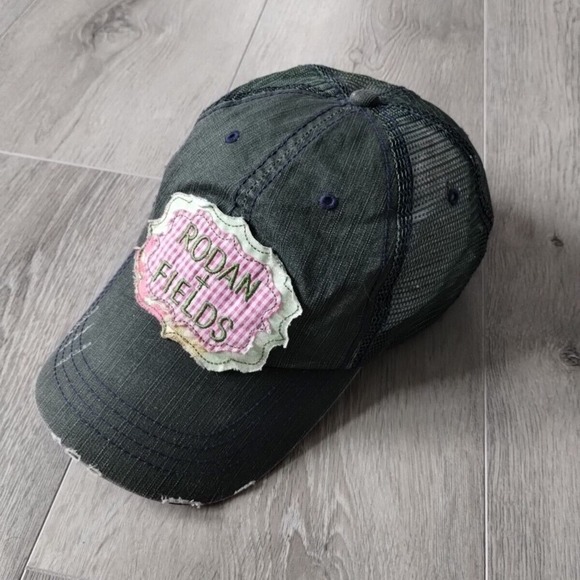Rodan Fields Hat Trucker Cap Green Pink Adjustable Strap Cotton OSFA Boho - Picture 1 of 11